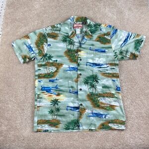 RJC Mens Hawaiian Shirt Medium Green WWII Aviation Fighter Planes Made in Hawaii